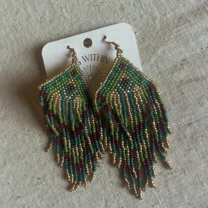 Beaded Fringe Pierced Long Dangle Chandelier Earrings, Handmade, Gold Green Blue